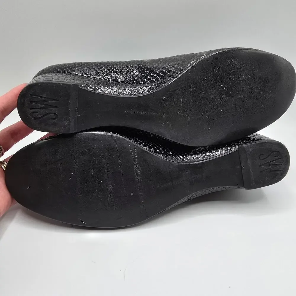 Stuart Weitzman black patent snake print low heel close toe wedges